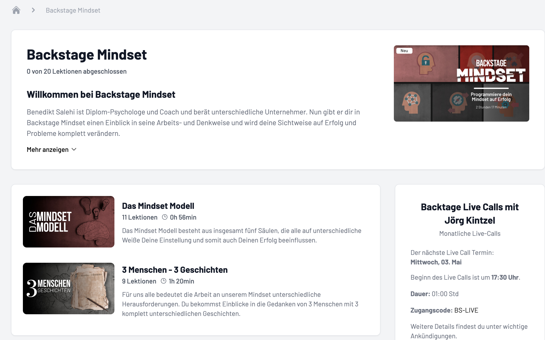 Backstage Mitgliederbereich Kurse