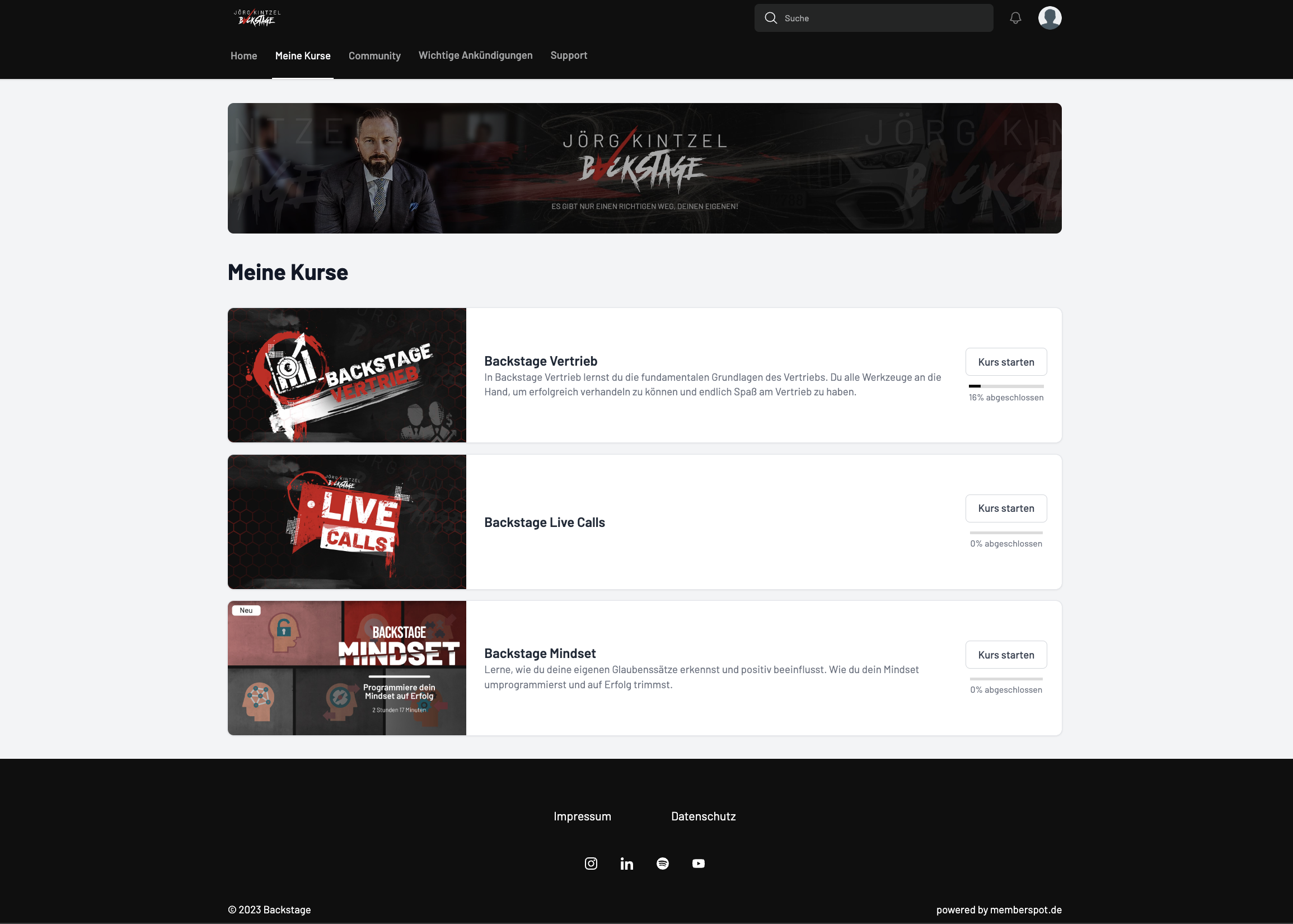 Backstage Mitgliederbereich Kursübersicht