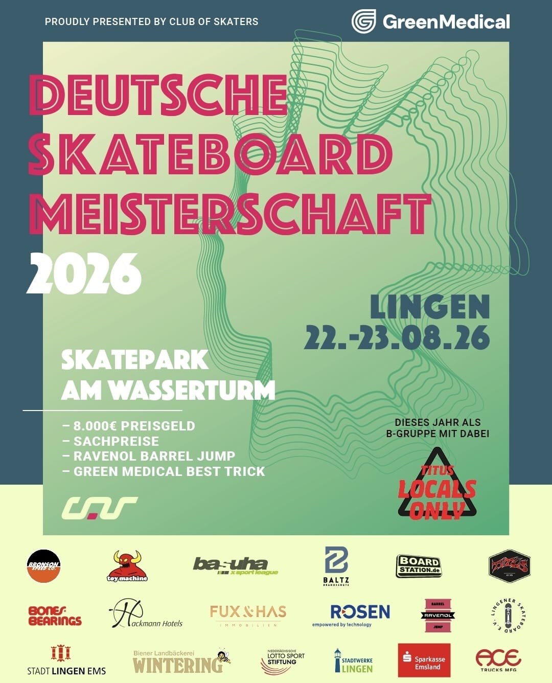 Plakat der Deutschen Skateboard Meisterschaft 2026 am 22. und 23. August im Skatepark am Wasserturm in Lingen