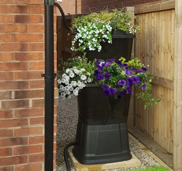 Rainwater collector with plants hanging from the sides