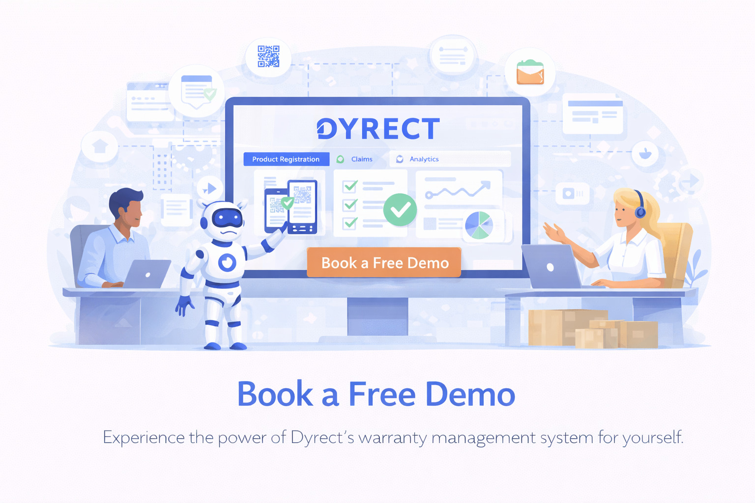 Illustration of a warranty management dashboard with a robot assistant, customer support agents, analytics panels, and a call to action button to book a free demo
