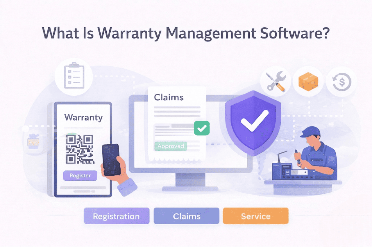 Illustration titled “What Is Warranty Management Software?” showing warranty registration, claims approval, and repair service in one digital workflow