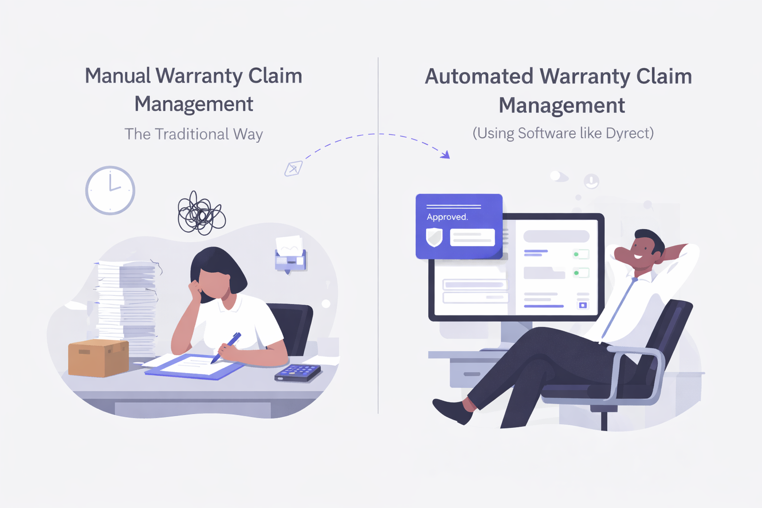Side by side comparison showing manual paperwork based warranty claims versus automated digital warranty claim approval on a computer