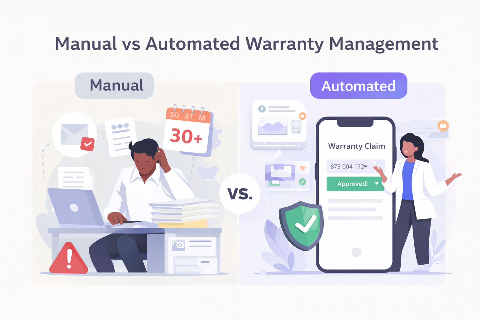 Illustration comparing manual warranty processing with paperwork and delays versus automated digital warranty approval shown on a mobile device