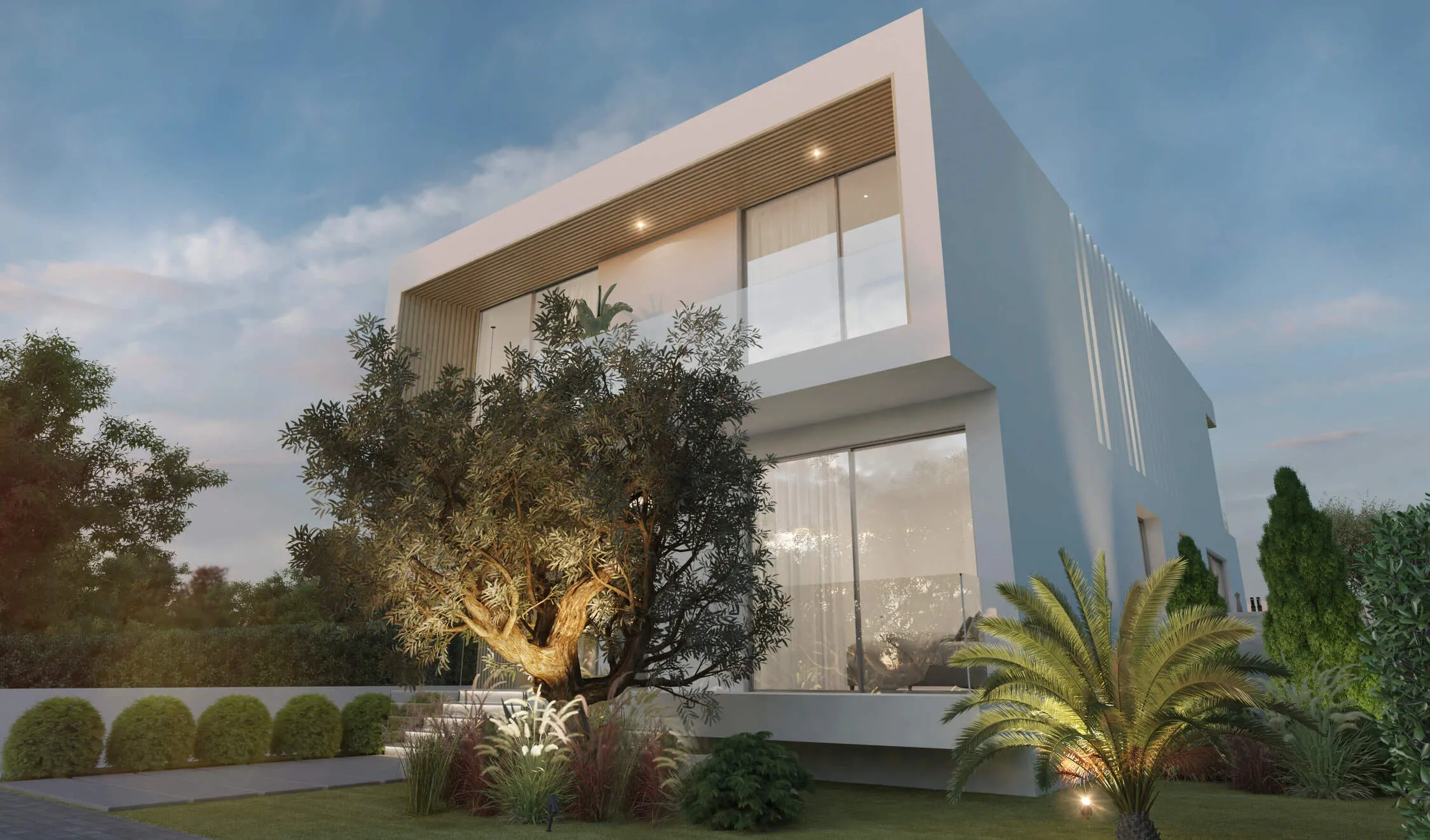 Render da fachada da moradia à noite, Alma de Faro, Faro
