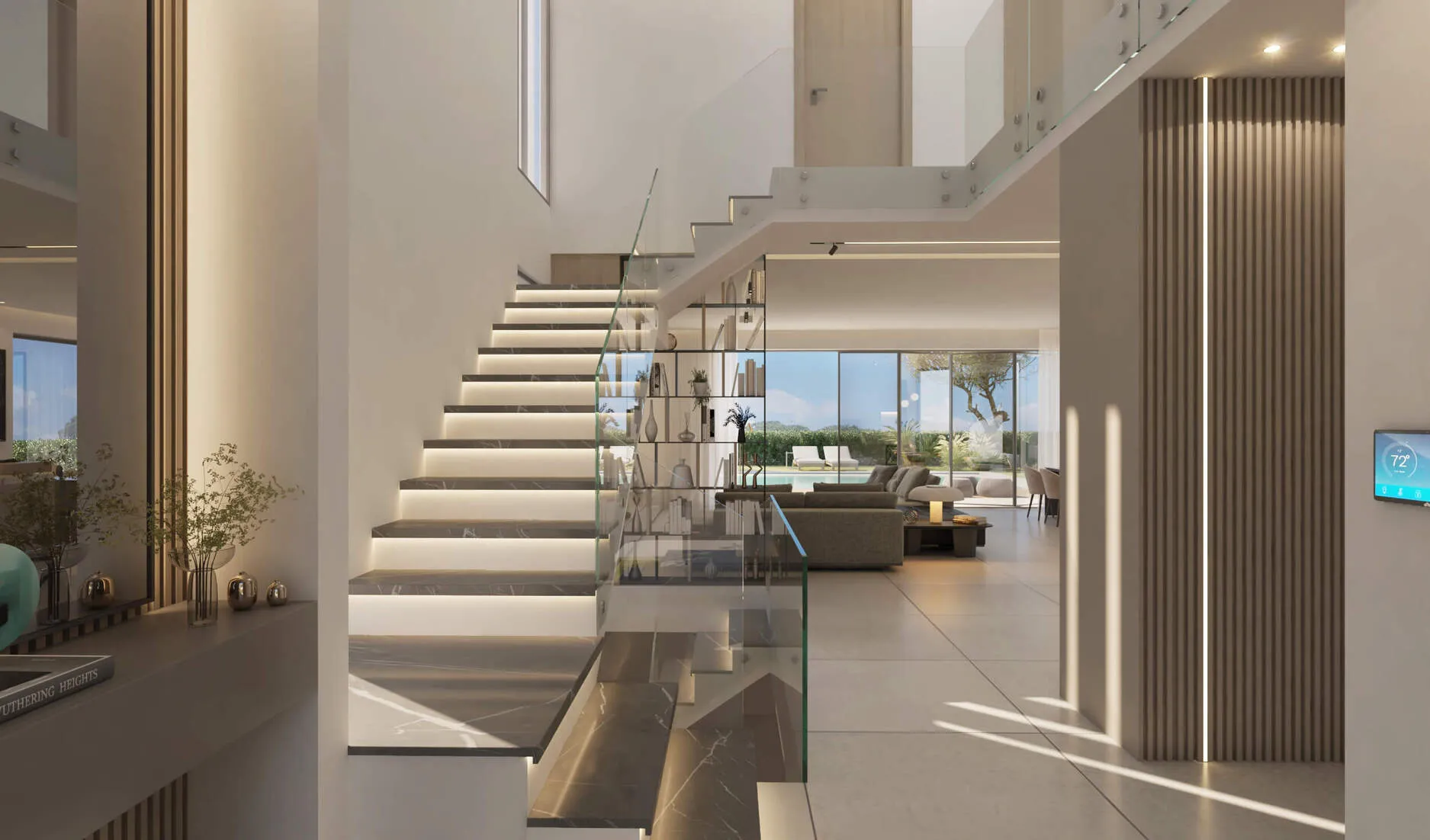 Render do hall de entrada em pé-direito duplo da Caetano Soul Villa