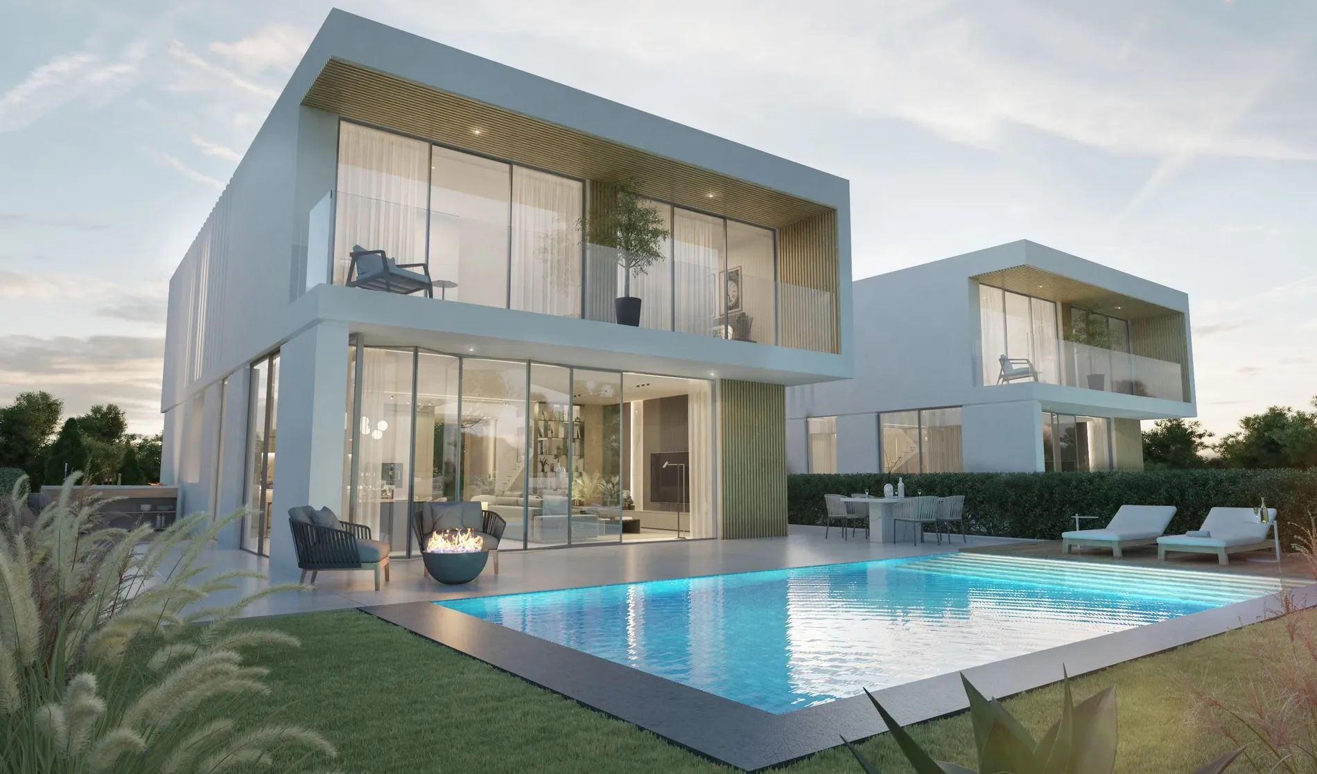 Render da moradia, jardim e piscina ao entardecer, Alma de Faro