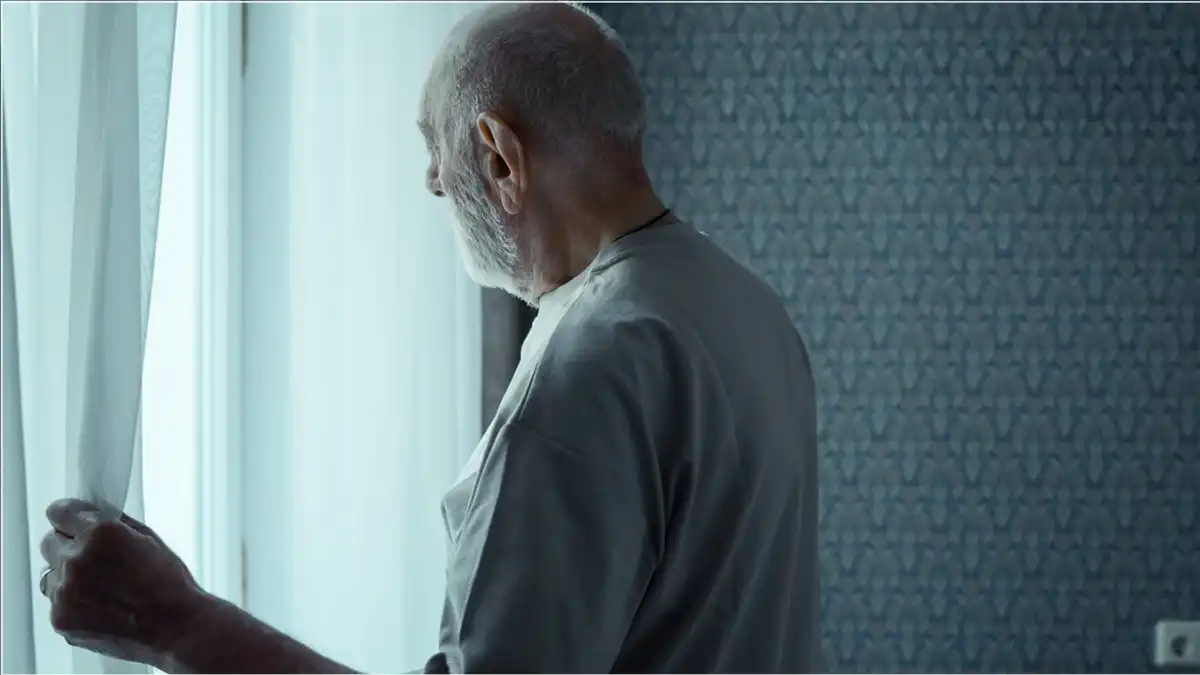 An elderly man with gray hair and a beard stands by a window, gently holding the curtain, looking outside in a softly lit, patterned room.