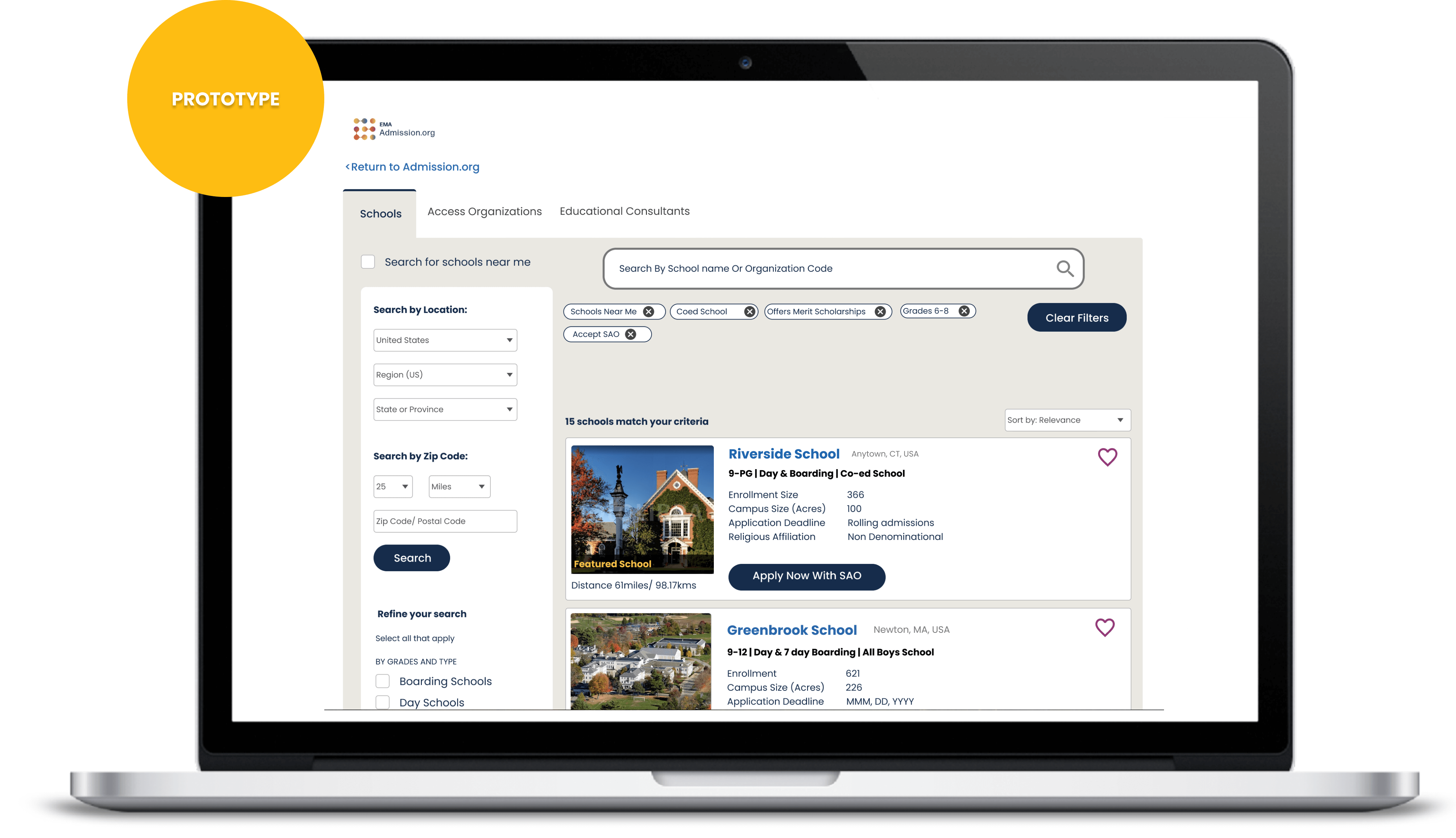 A screenshot of the new Admission.org Search with filtered results for independent schools.