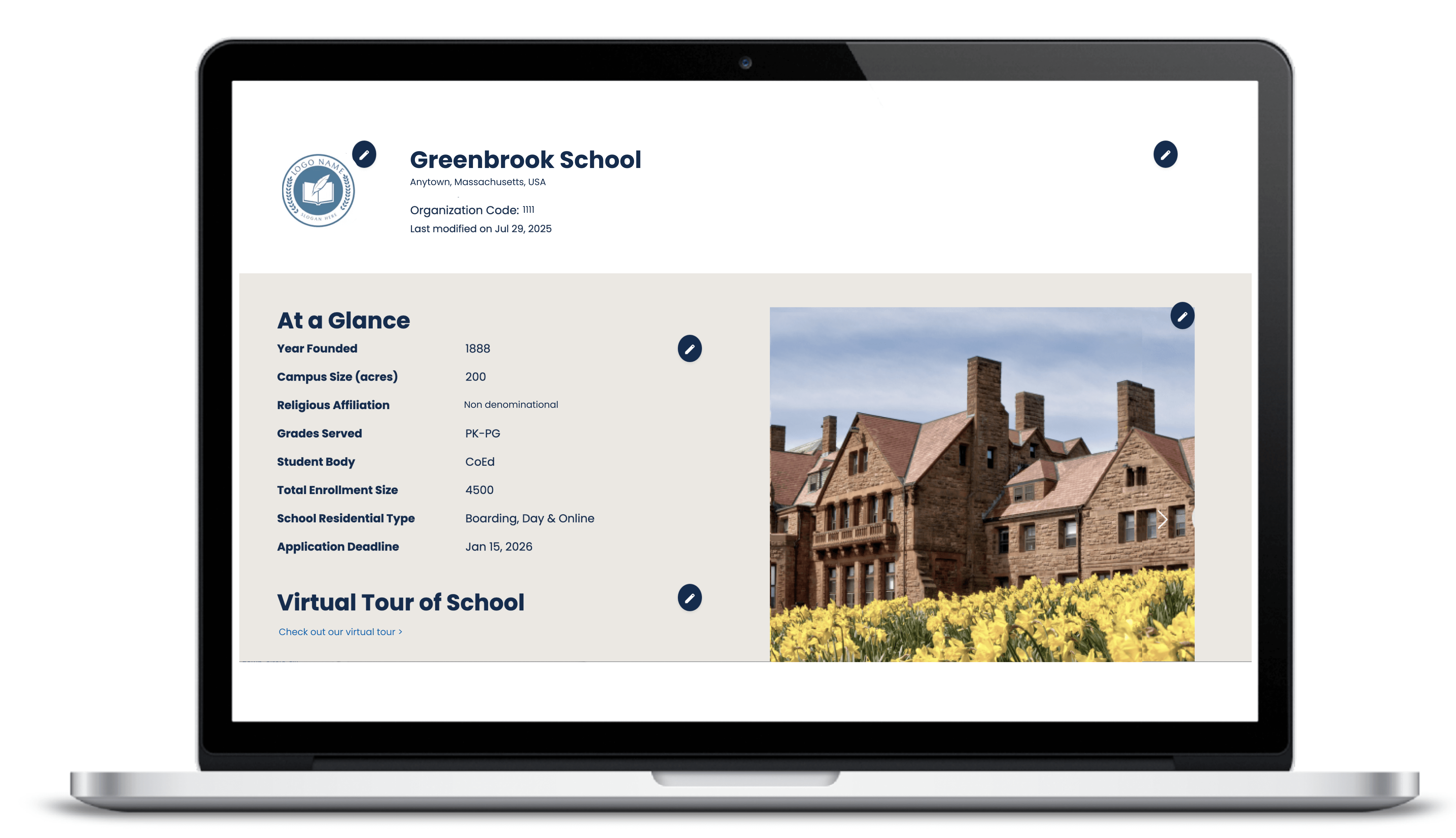 A screenshot of an Admission.org Search school profile in edit mode.