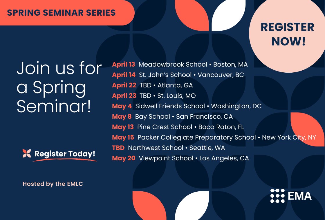 2026 spring seminar dates and locations April 13: Meadowbrook School | Boston, MA
April 14: St. John's School | Vancouver, BC
April 22 : Atlanta, GA
April 23: St. Louis, MO
May 4: Sidwell Friends School | Washington, DC
May 8: Bay School | San Francisco, VA
May 13: Pine Crest School | Boca Raton, FL
May 15: Packer Collegiate Preparatory School | New York City, NY
TBD: Northwest School | Seattle, WA
May 20: Viewpoint School | Los Angeles, CA