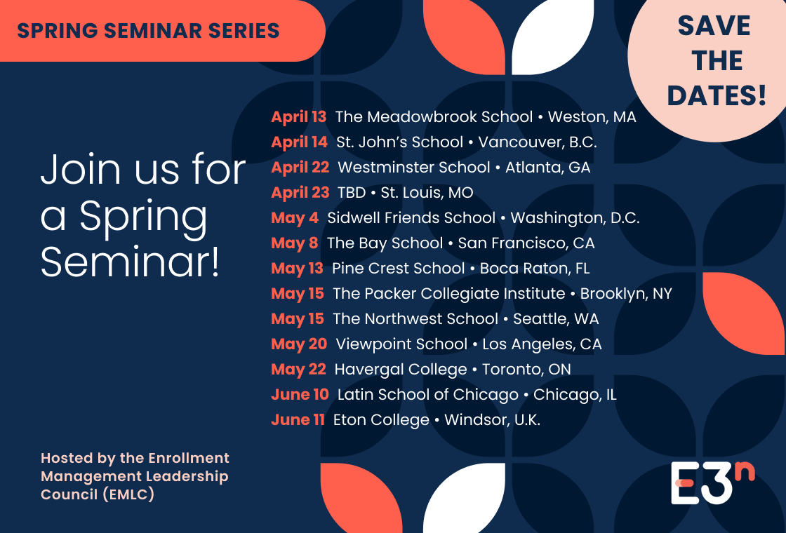 2026 spring seminar dates and locations April 13: Meadowbrook School | Weston, MA
April 14: St. John's School | Vancouver, B.C.
April 22 : Westminster School | Atlanta, GA
April 23: St. Louis, MO
May 4: Sidwell Friends School | Washington, D.C.
May 8: The Bay School | San Francisco, VA
May 13: Pine Crest School | Boca Raton, FL
May 15: The Packer Collegiate Institute | Brook, NY
May 15:: Northwest School | Seattle, WA
May 20: Viewpoint School | Los Angeles, CA
May 22: Havergal College | Toronto, ON
June 10: Latin School of Chicago | Chicago, IL
June 11: Eton College | Windsor, U.K.