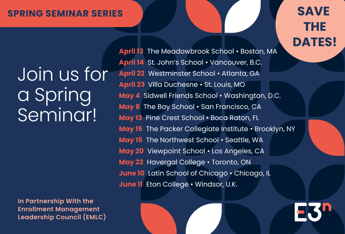 2026 spring seminar dates and locations April 13: Meadowbrook School | Boston, MA
April 14: St. John's School | Vancouver, B.C.
April 22 : Westminster School | Atlanta, GA
April 23: Villa Duchesne | St. Louis, MO
May 4: Sidwell Friends School | Washington, D.C.
May 8: The Bay School | San Francisco, VA
May 13: Pine Crest School | Boca Raton, FL
May 15: The Packer Collegiate Institute | Brooklyn, NY
May 15:: Northwest School | Seattle, WA
May 20: Viewpoint School | Los Angeles, CA
May 22: Havergal College | Toronto, ON
June 10: Latin School of Chicago | Chicago, IL
June 11: Eton College | Windsor, U.K.