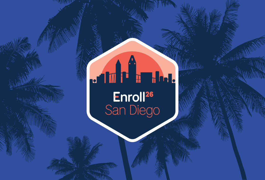 The Enroll26 logo with a background of palm trees for San Diego.