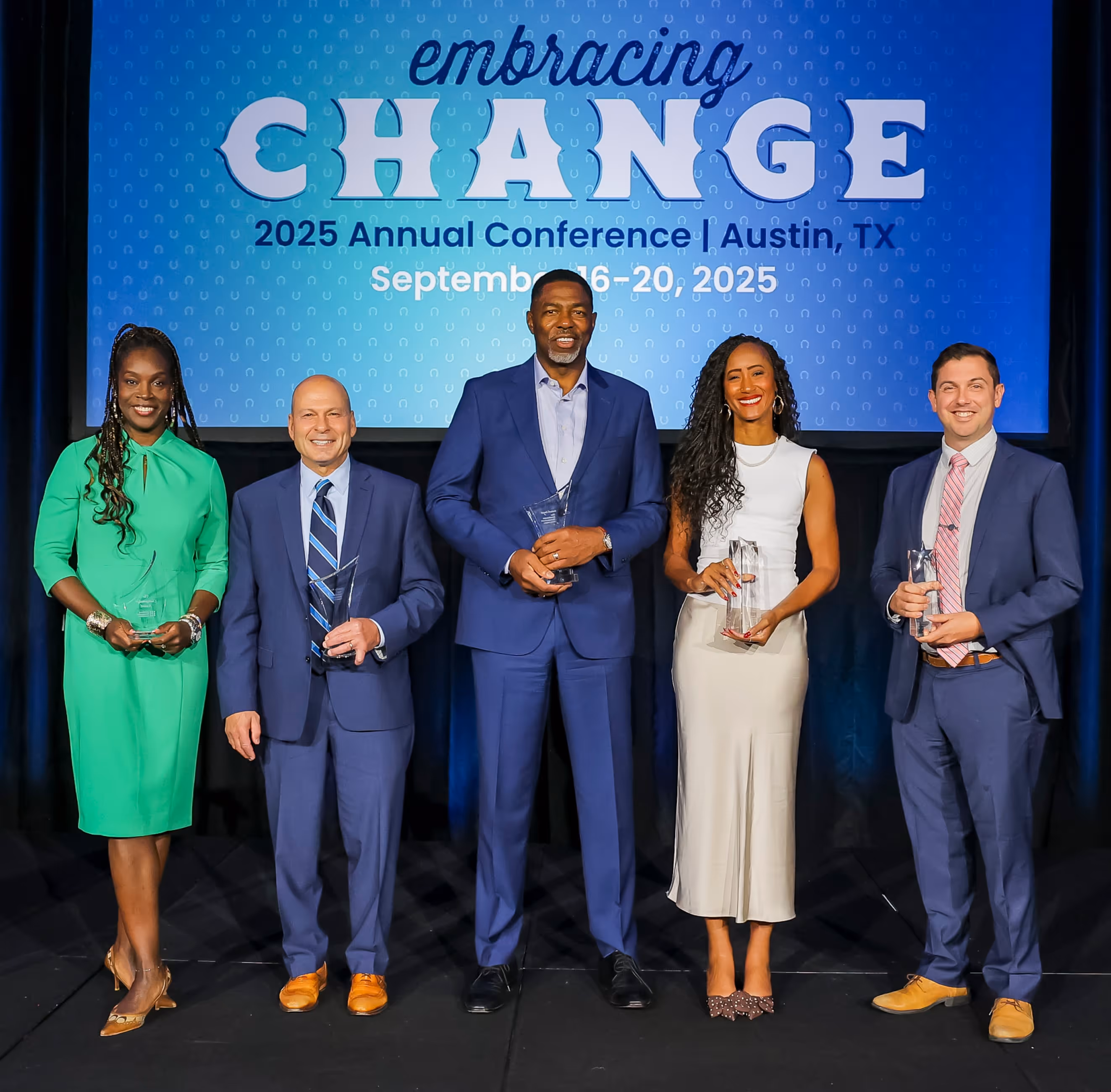 2025 award recipients (left to right): Nisa Bryant (Changemaker Award), Jim Ventre (Everett E. Gourley Award), Lawrence Sampleton (William B. Bretnall Award). Nichole Sullivan (Rising Star Award), Michael O'Neill (Rising Star Award)