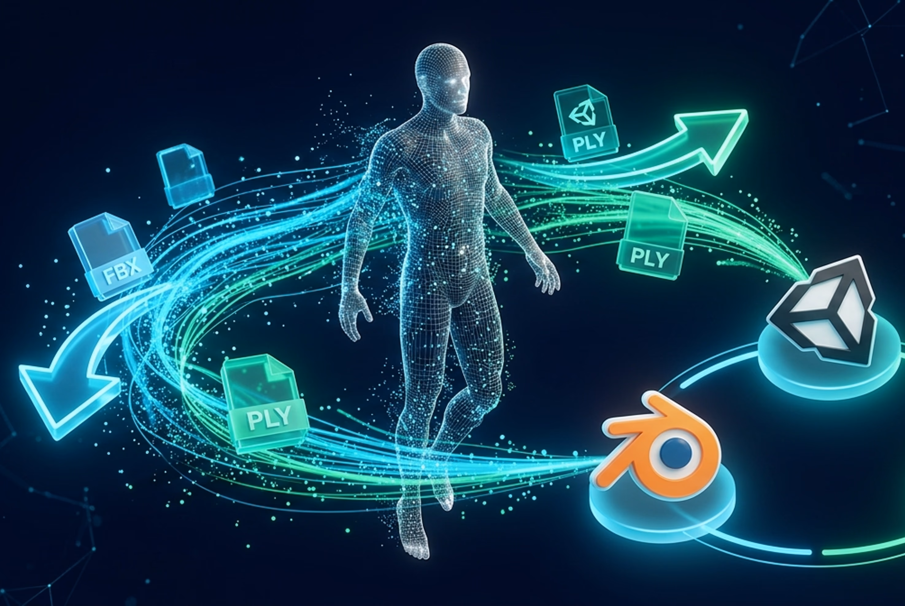 Digital human figure surrounded by swirling data streams and 3D file icons including FBX and PLY, connected to Blender and Unity logos.