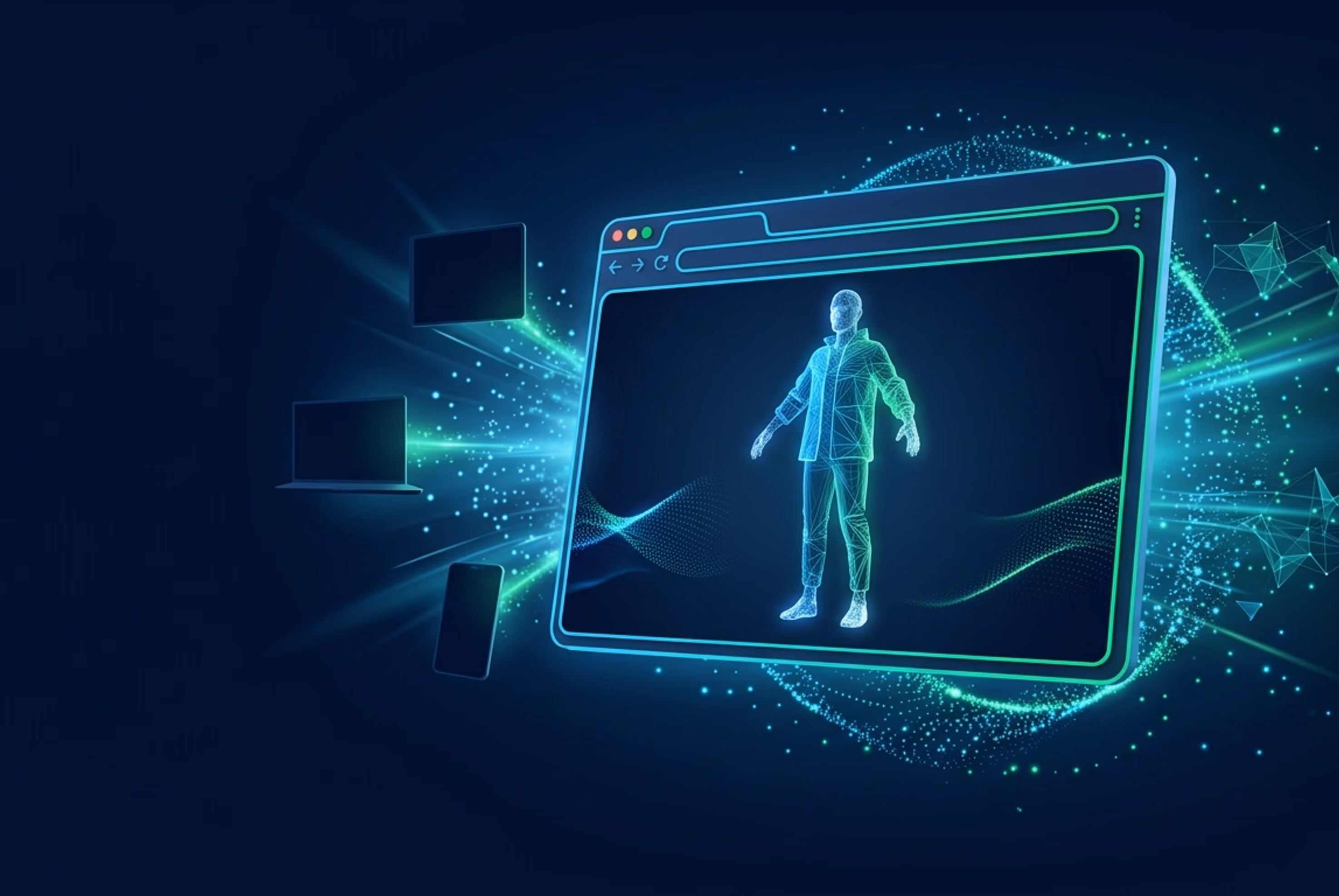 Digital wireframe of a person inside a glowing web browser window with floating devices and data particles in a futuristic blue-green theme.