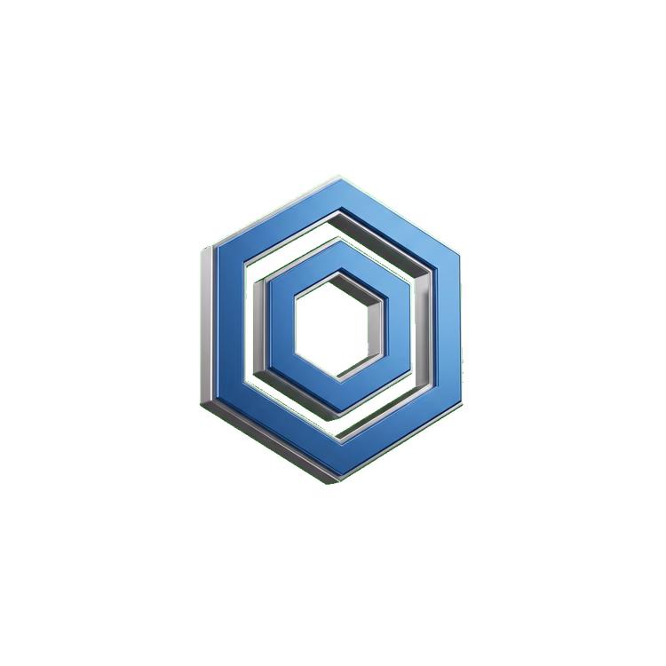 Blue metallic hexagonal logo with three nested hexagons creating a 3D effect on a black background.