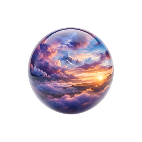 AI skybox orb backdrop with 3D treasure chest and crystal props in front
