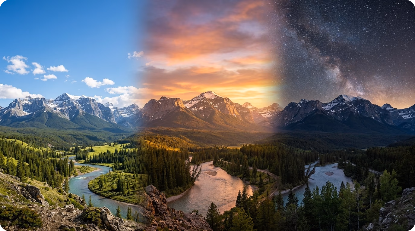 AI generated skybox panorama showing iteration across day, sunset, and night