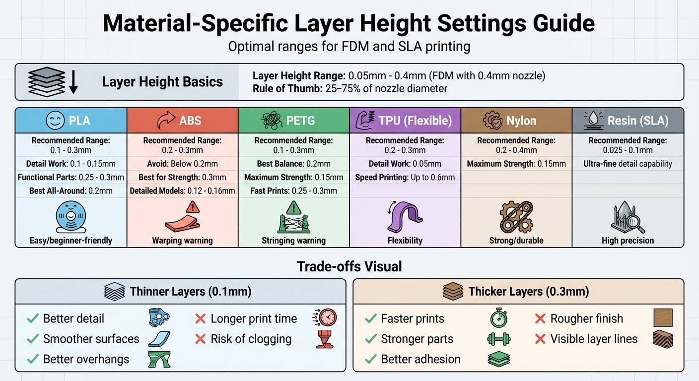 Material-Specific 3D Printing Layer Height Guide: PLA, ABS, PETG, TPU, Nylon, and Resin