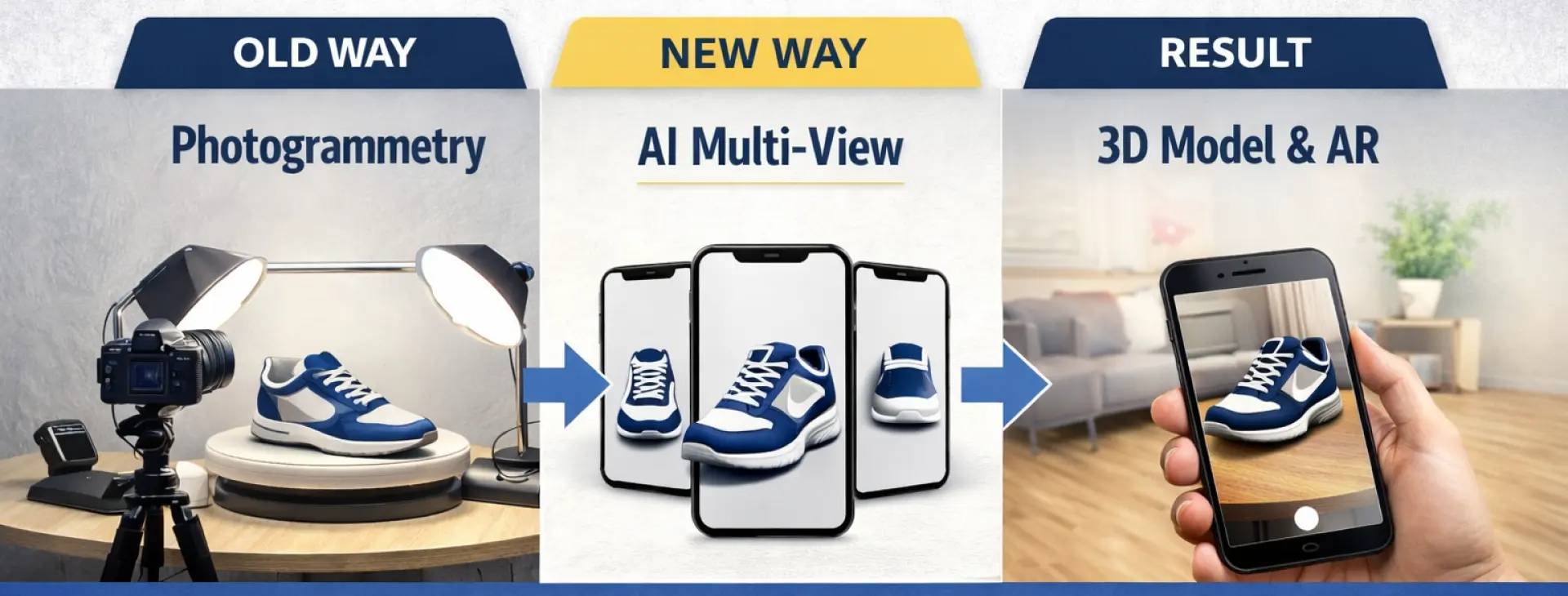 Example of AI multi-view 3D generation creating a product model from a few photos for e-commerce and AR previews.