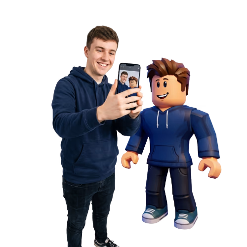 Smiling man wearing a green jacket and striped shirt taking a selfie with his smartphone, with a 3D animated character version of him on the right.
