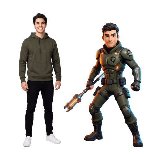 Smiling man wearing a green jacket and striped shirt taking a selfie with his smartphone, with a 3D animated character version of him on the right.