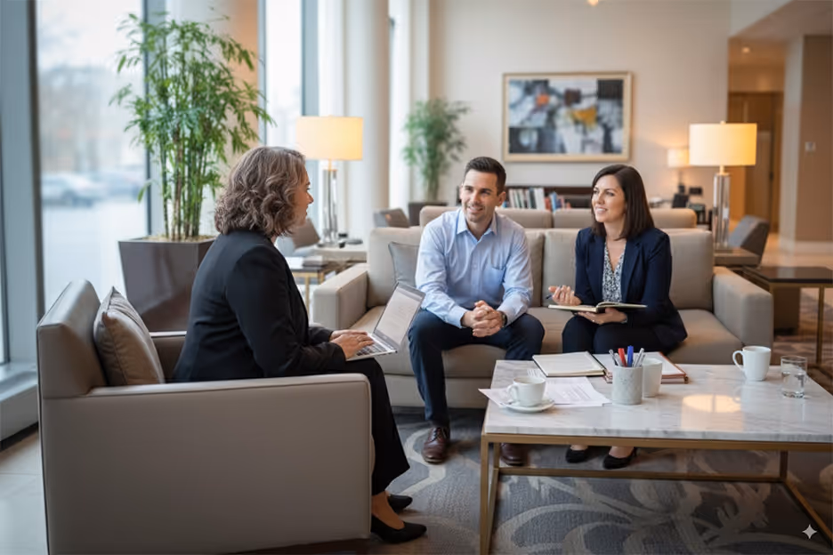 Image of Immigration Lawyer Matty Luna taking notes on her laptop while she meets with a professional couple.