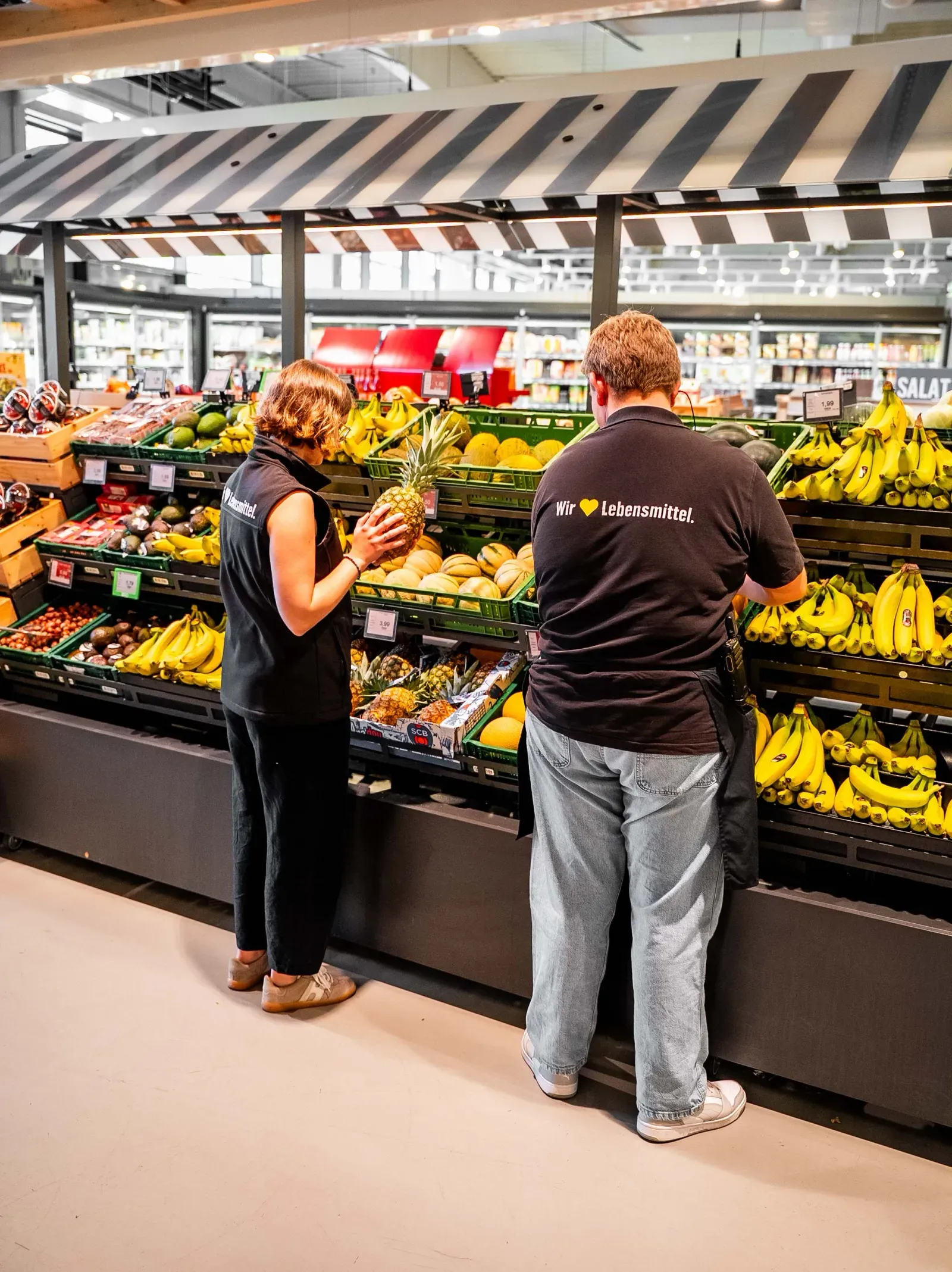 Team räumt gemeinsam Obst und Gemüse ein