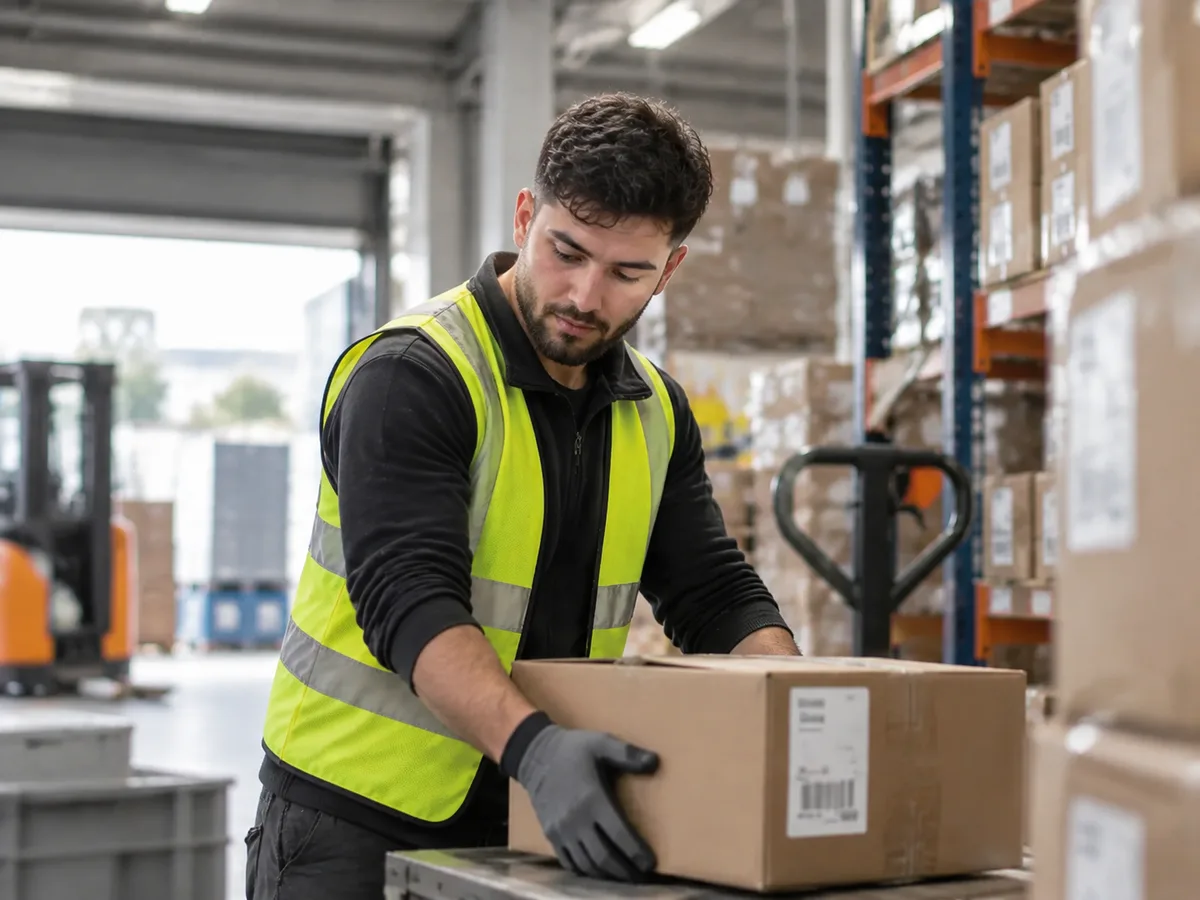 Lagermitarbeiterin scannt eine Sendung im Lager
