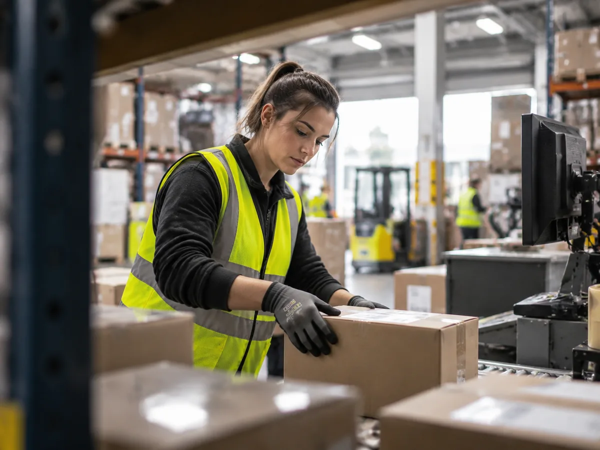 Lagermitarbeiter verpackt eine Sendung im Lager
