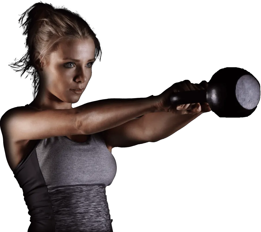 Focused woman in athletic wear performing a kettlebell swing exercise against a black background.