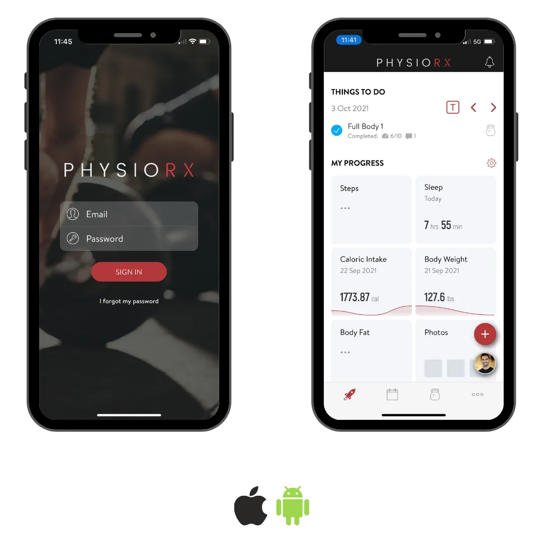 Two phones showing the PhysioRX app: the sign-in screen and a progress dashboard, available on Apple and Android