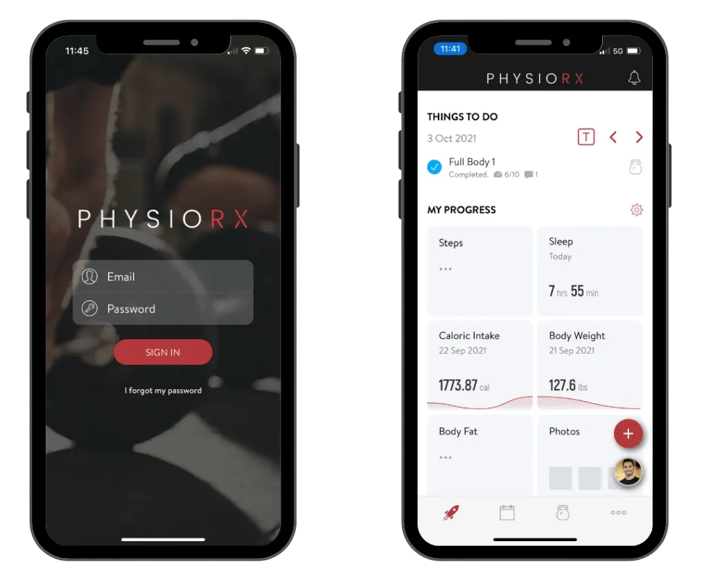Two smartphones displaying PHYSIORX app screens: a login screen with email and password fields, and a progress dashboard showing steps, sleep, caloric intake, body weight, body fat, photos, and tasks.
