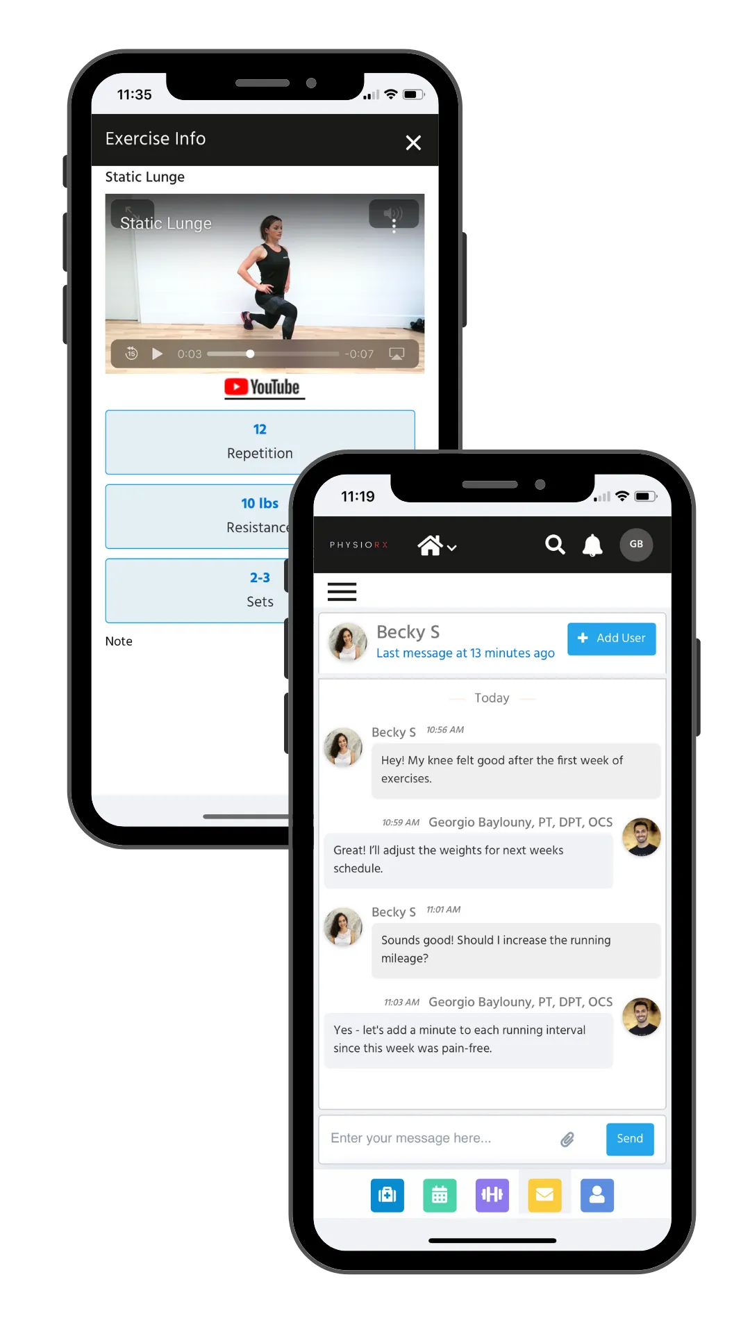 Two iPhones showing a physical therapy app; one displays a static lunge exercise video with repetition, resistance, and sets info, the other shows a chat between a patient and therapist Georgio Baylouny discussing exercise progress and adjustments.