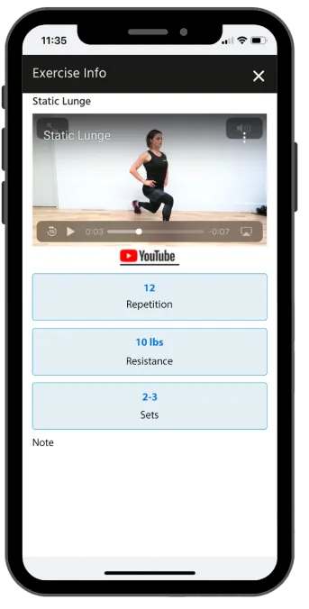 Mobile screen showing exercise info for Static Lunge with a paused YouTube video of a woman performing a lunge and details: 12 repetitions, 10 lbs resistance, 2-3 sets.