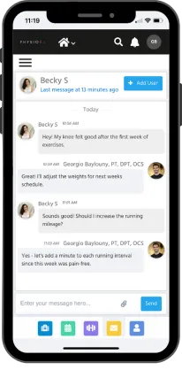 Smartphone screen showing a chat interface between a patient and physiotherapist Georgio Baylouny discussing knee pain and exercise adjustments.