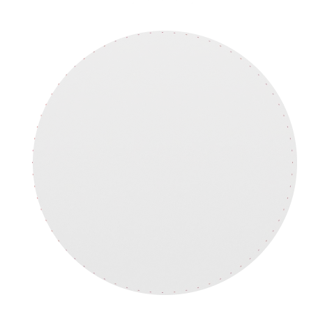 Large black circle surrounded by small evenly spaced white dots on a gray background.