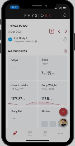 Smartphone screen displaying PHYSIORX app dashboard with a to-do list, progress metrics for sleep, caloric intake, body weight, and placeholders for steps, body fat, and photos.