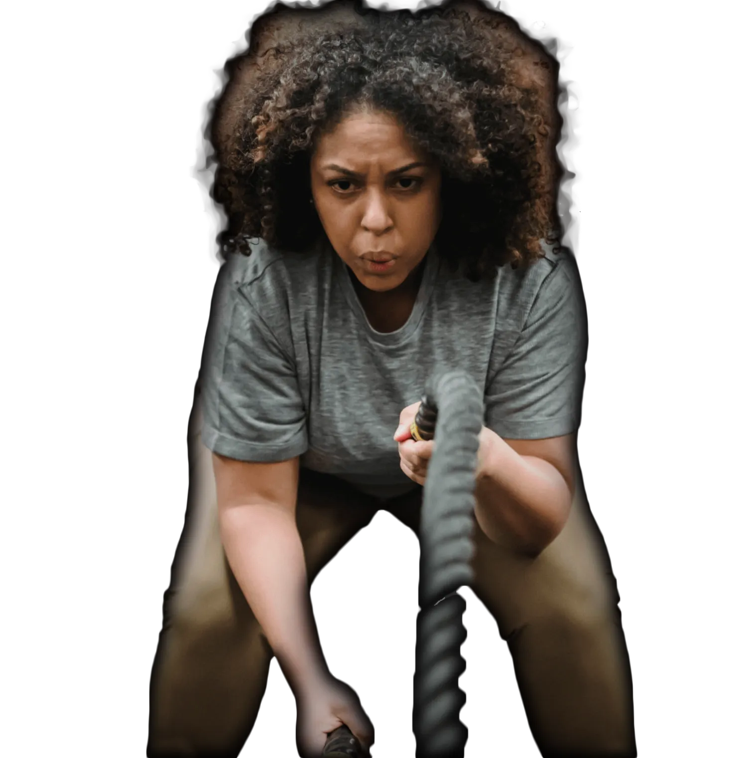 Focused woman with curly hair using battle ropes for fitness exercise.