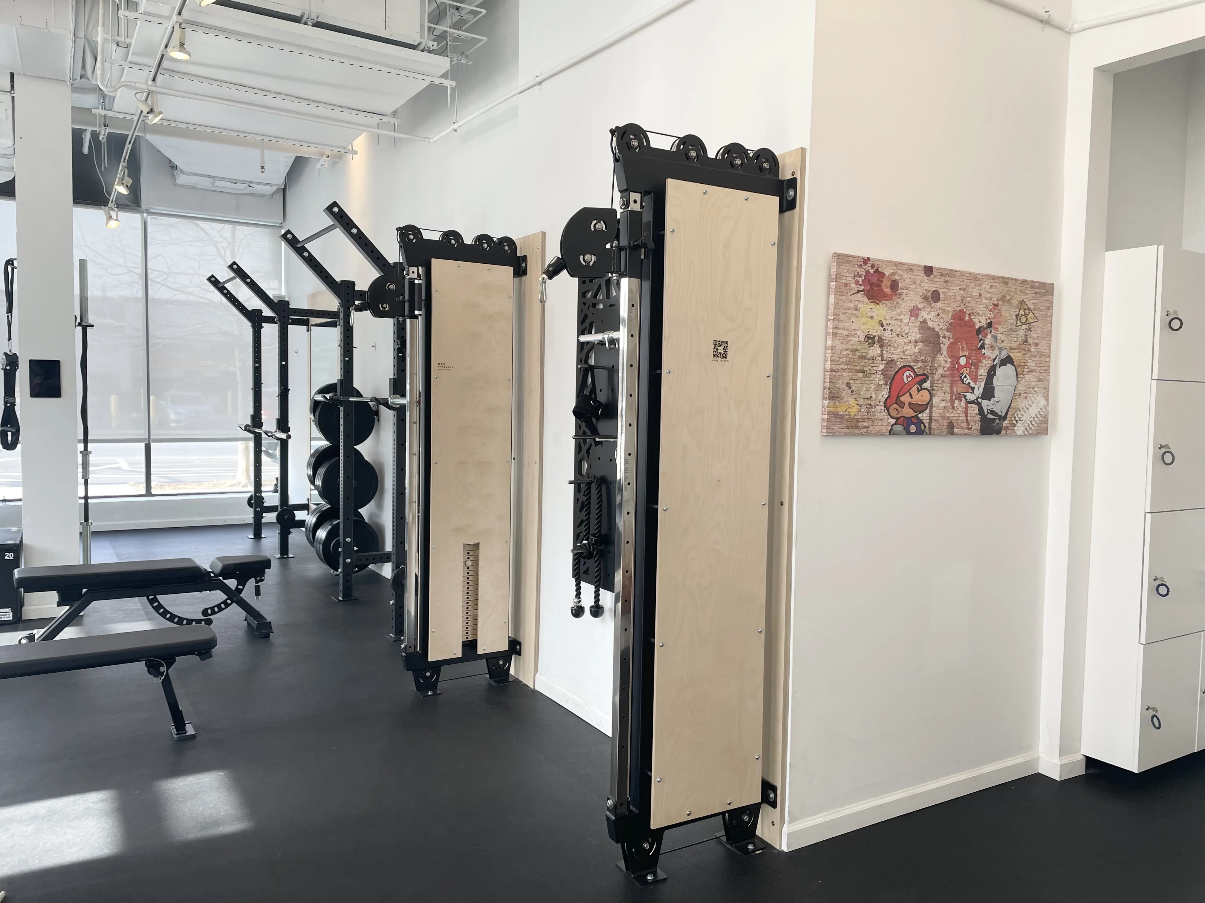 Modern gym interior with weight benches, cable machines, weights, and a wall art featuring cartoon characters.
