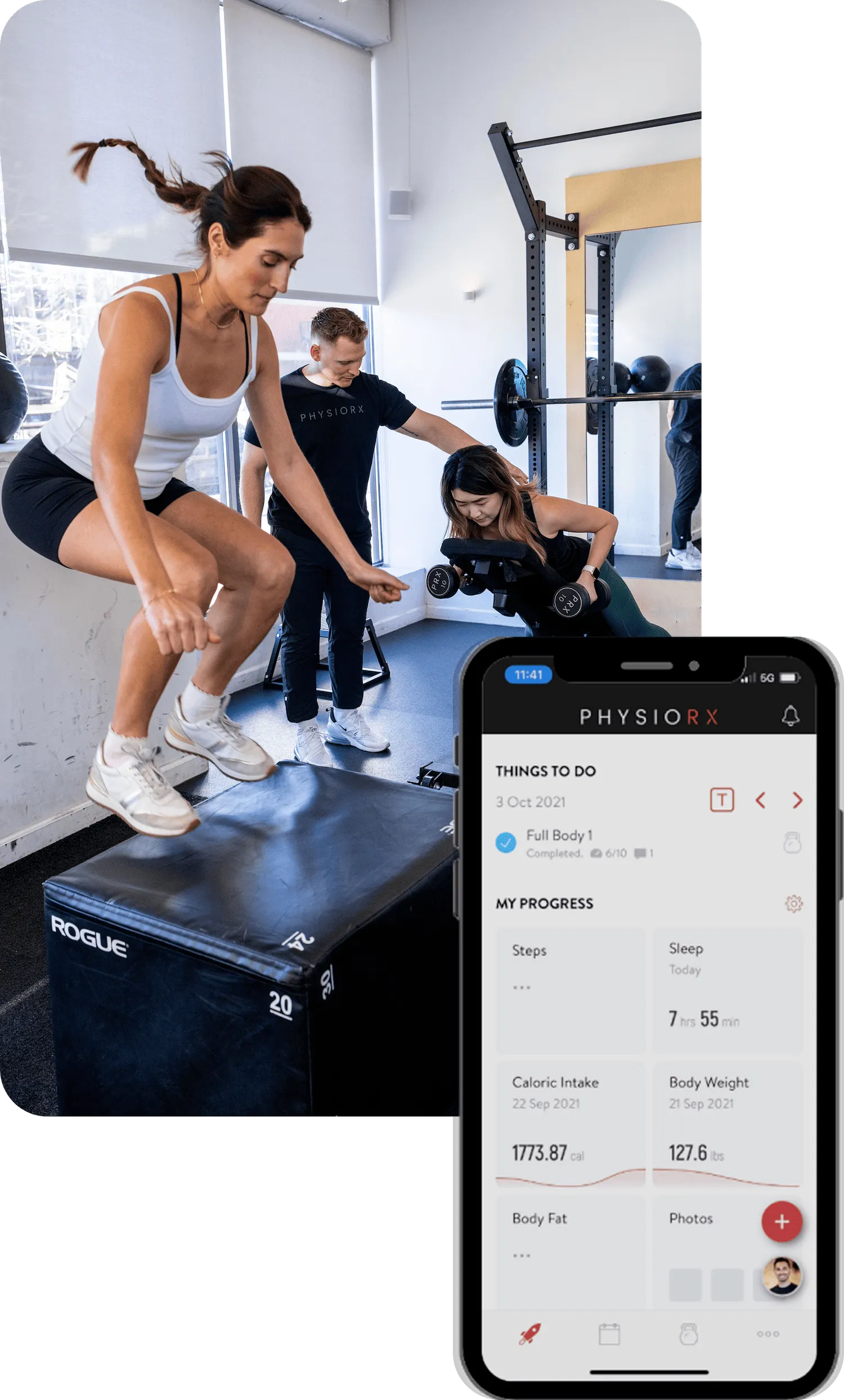 Woman doing a box jump with a coach nearby, beside the PhysioRX app on a phone