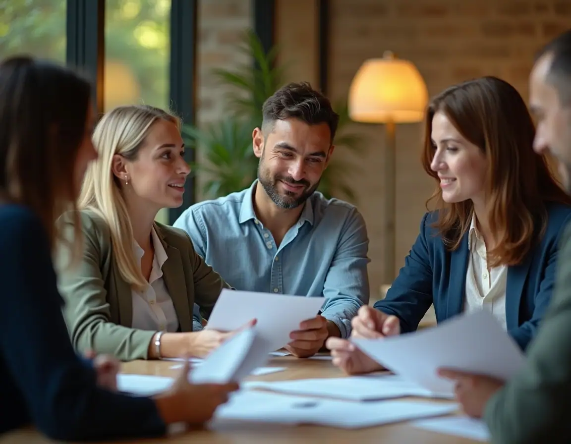 A business team reviewing quality standards documents together.