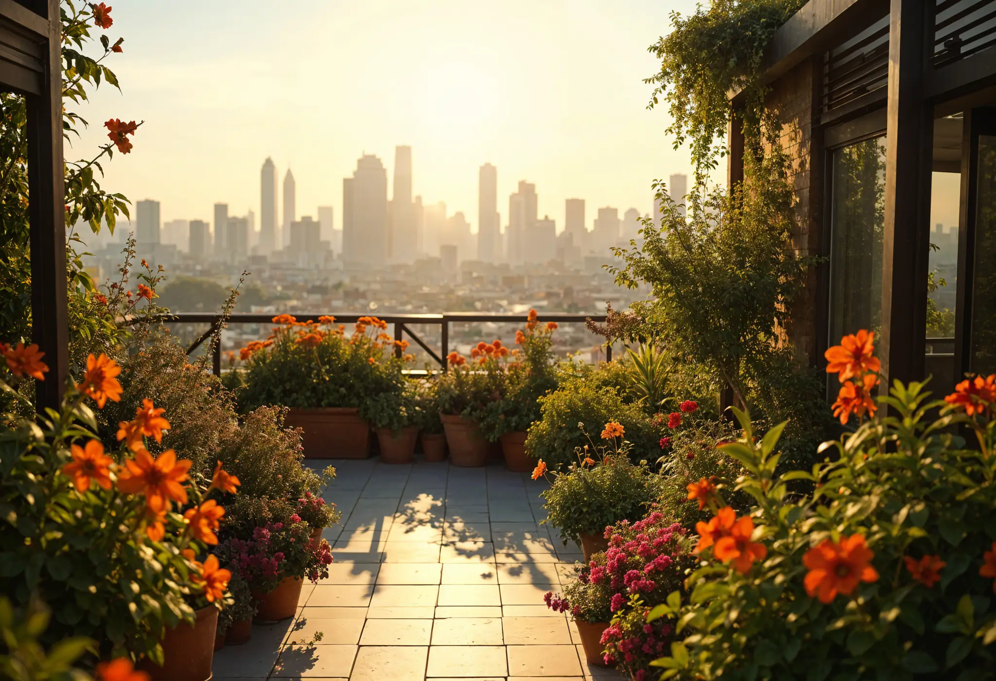 Rooftop garden with plants and trees atop a new skyscraper in Manhattan.