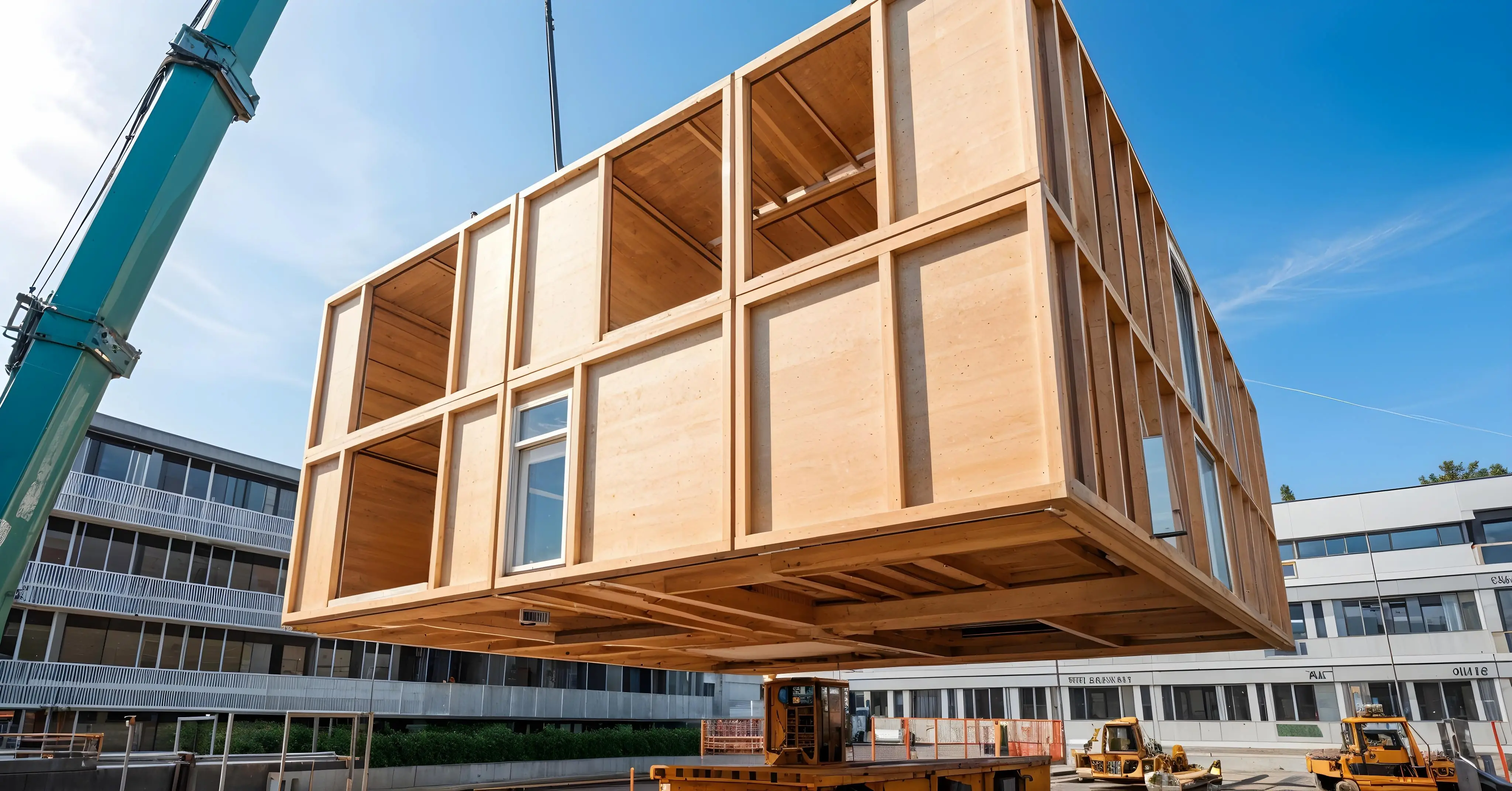 Prefabricated building modules being delivered and assembled in Manhattan.