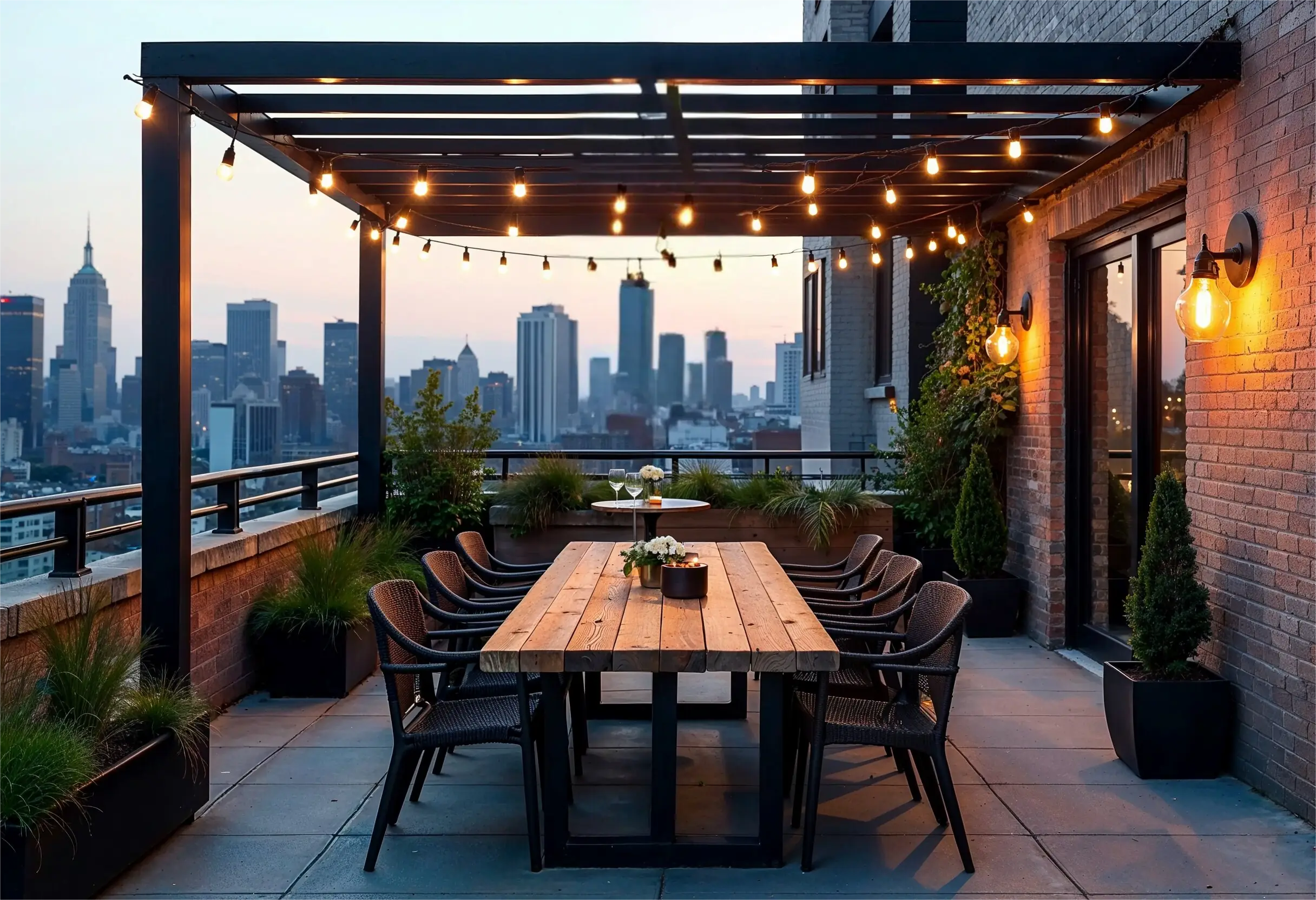 Manhattan rooftop dining area with pendant and Edison string lights at dusk.