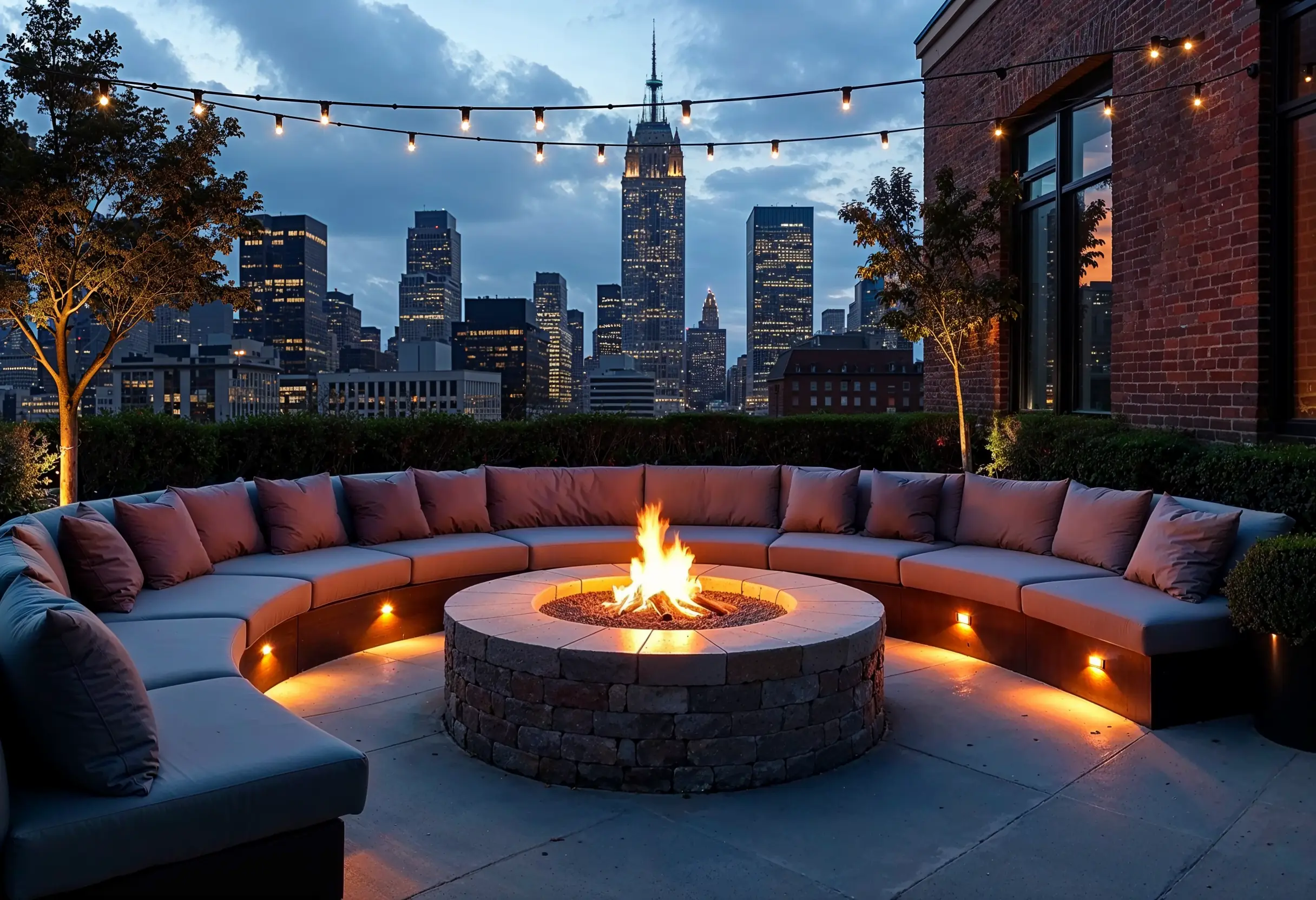 Manhattan penthouse fire pit area with string lights and ambient garden lighting.