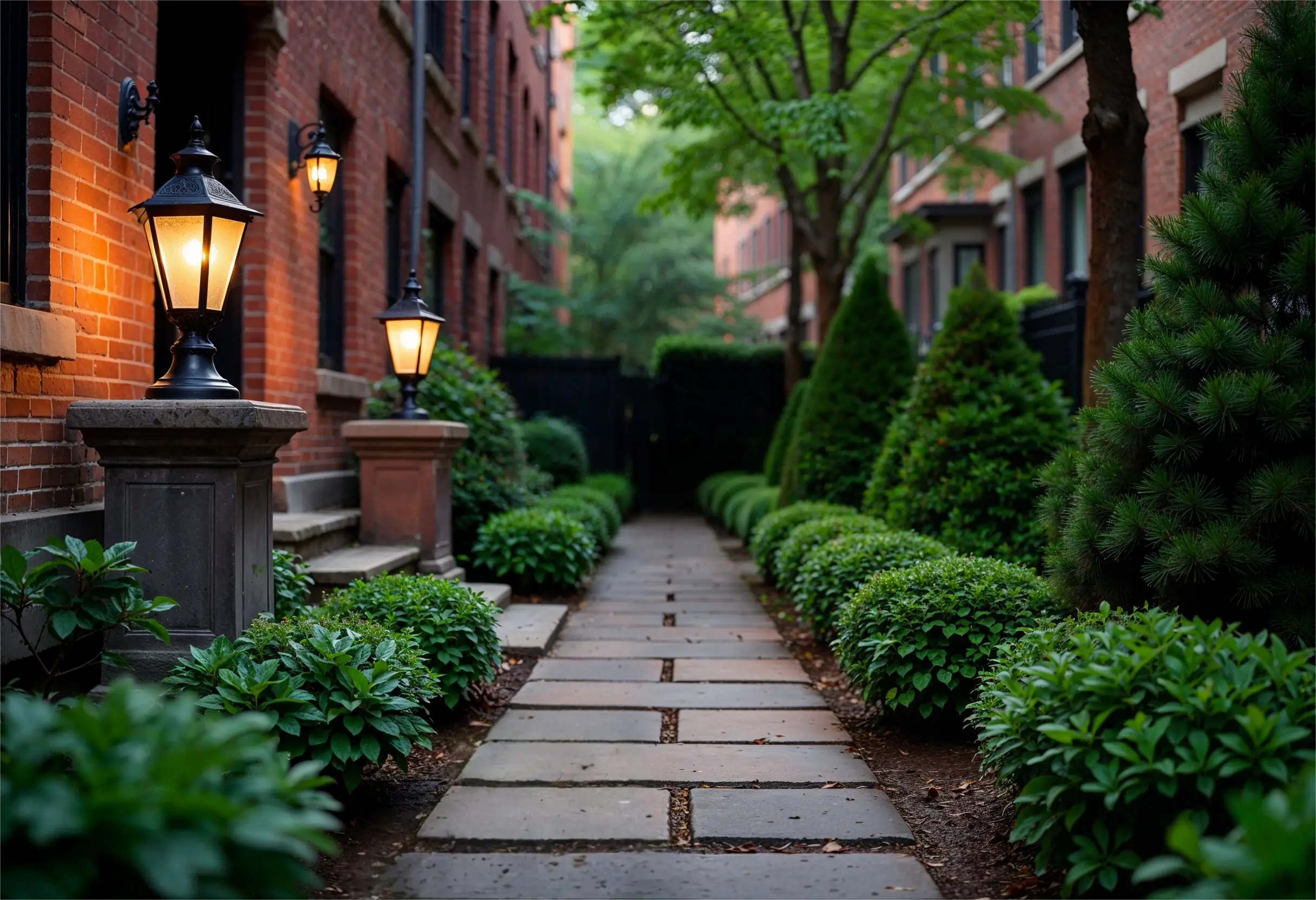 Manhattan brownstone garden with vintage lanterns and torch-style lights.