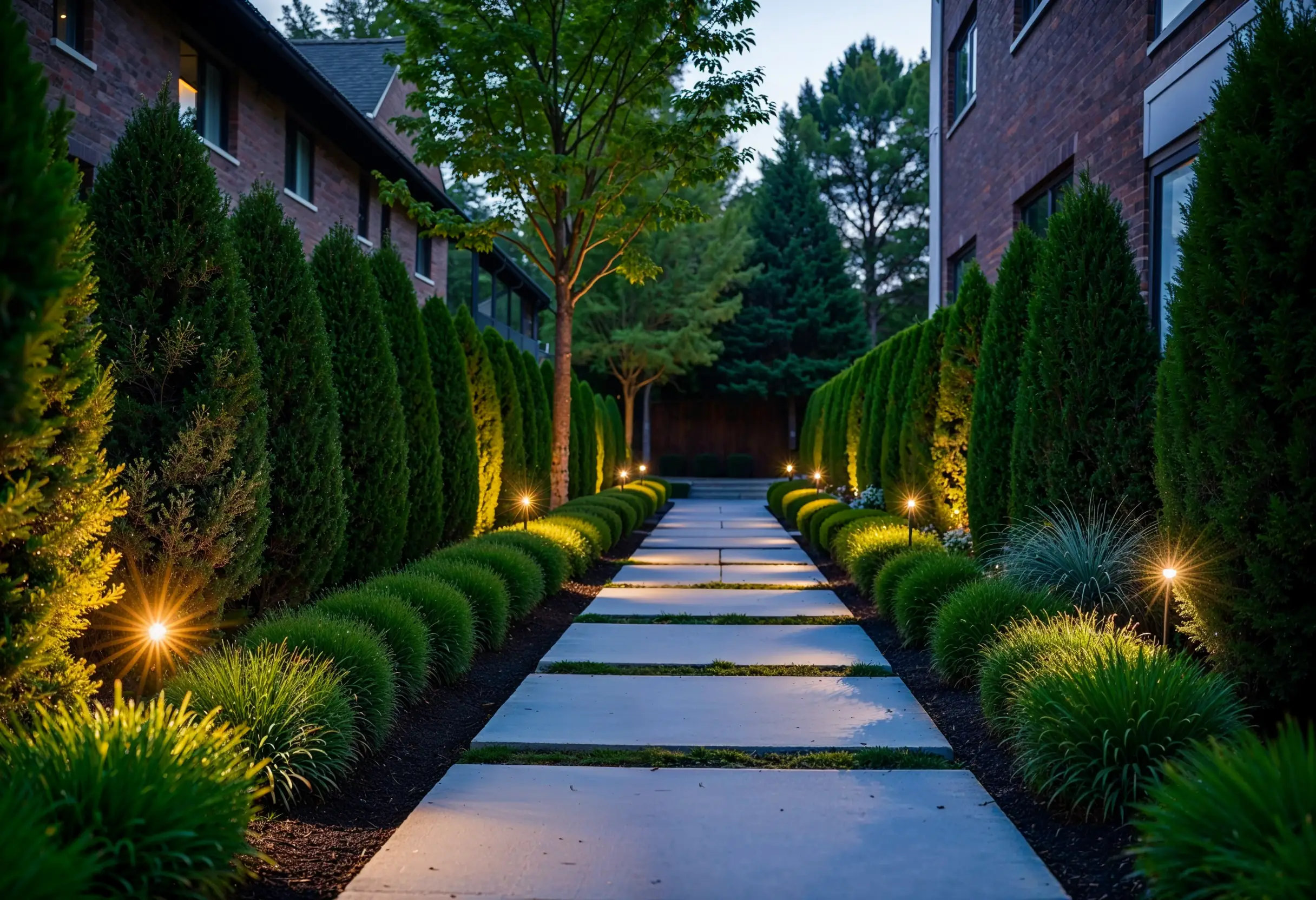 Modern Upper East Side garden with solar path lights at dusk.